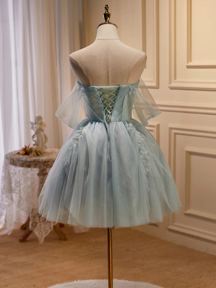 Grünes, kurzes Ballkleid aus Tüll mit Perlen, süßes, schulterfreies Homecoming-Kleid nv1587