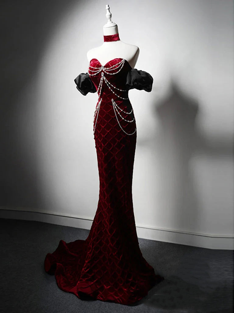 Burgunderrotes langes Ballkleid aus Samt mit herzförmigem Ausschnitt im Meerjungfrau-Stil, Burgunderrotes langes Abendkleid nv1868