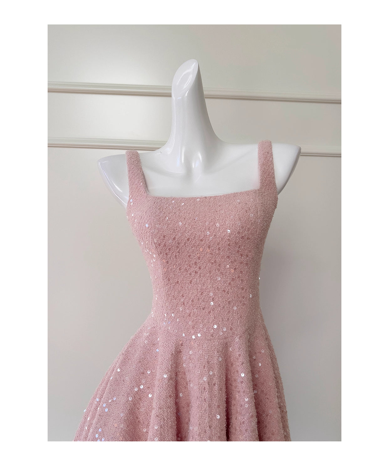 Robe courte de soirée rose à bretelles en tweed pailleté, taille haute, avec nœud, collection nv5544