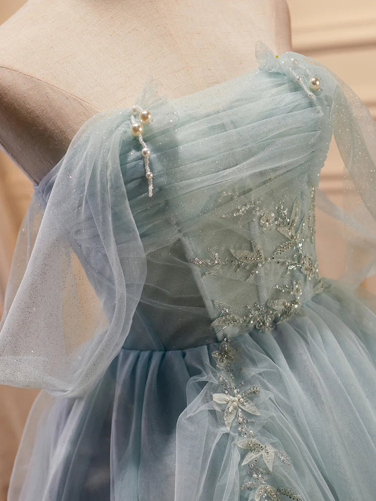 Grünes, kurzes Ballkleid aus Tüll mit Perlen, süßes, schulterfreies Homecoming-Kleid nv1587
