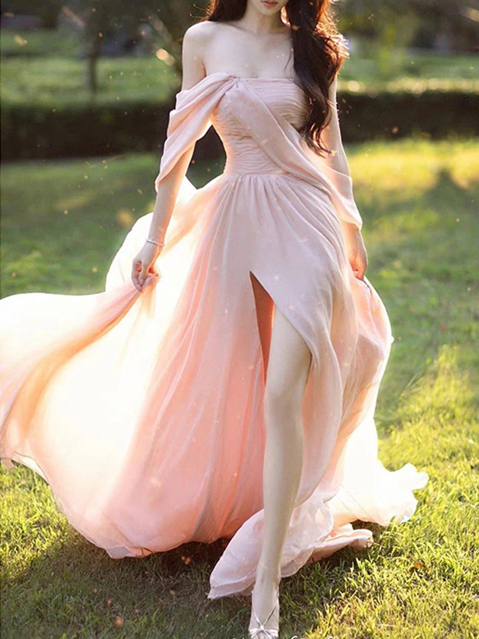 Rosa Chiffon Lange Ballkleider, Rosa Abendkleid nv1531