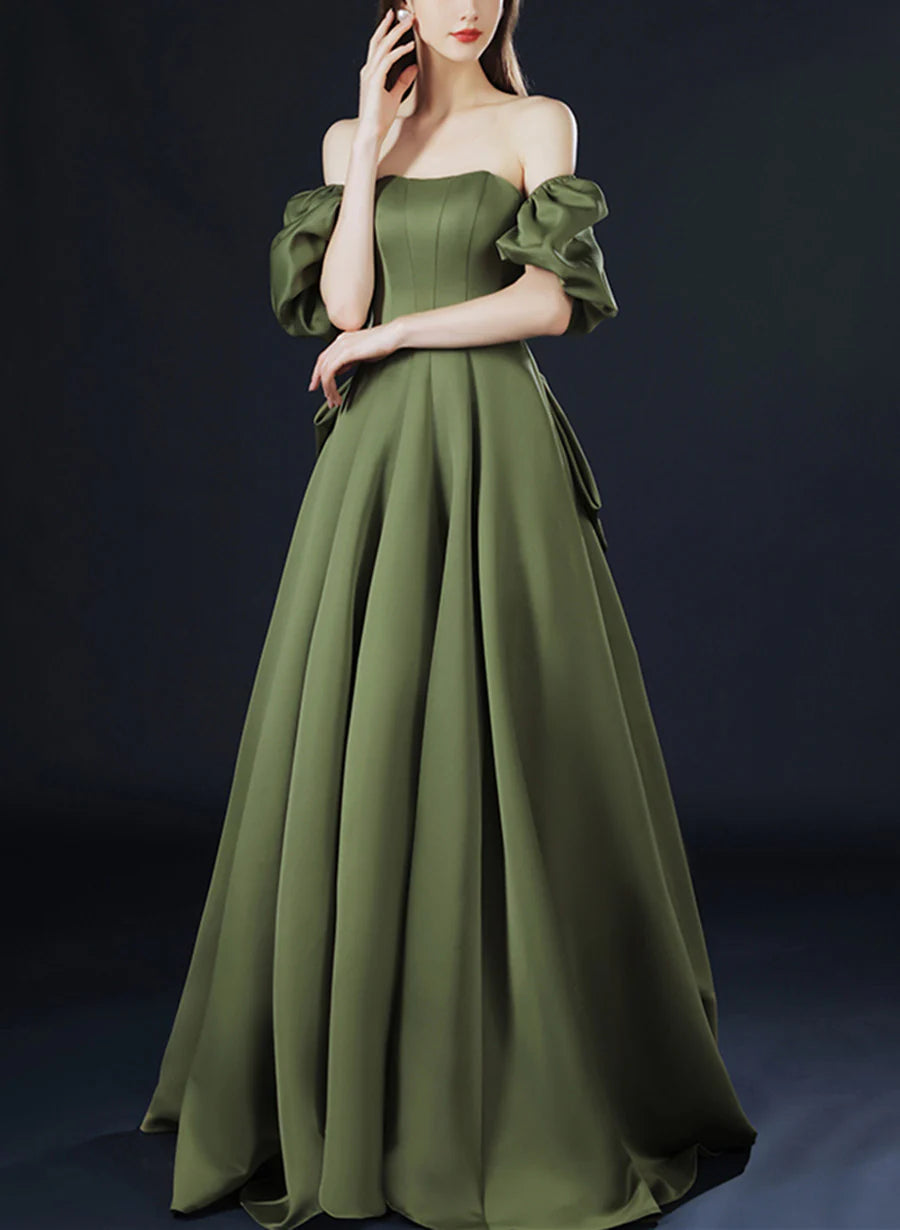 Vintage olive green A-line off-the-shoulder short sleeves solid satin low back bow train long ball gown evening dress party dress nv2566