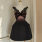 Robe de soirée courte en satin et dentelle, noire et rose, tenue de vacances, d'anniversaire, nv4268