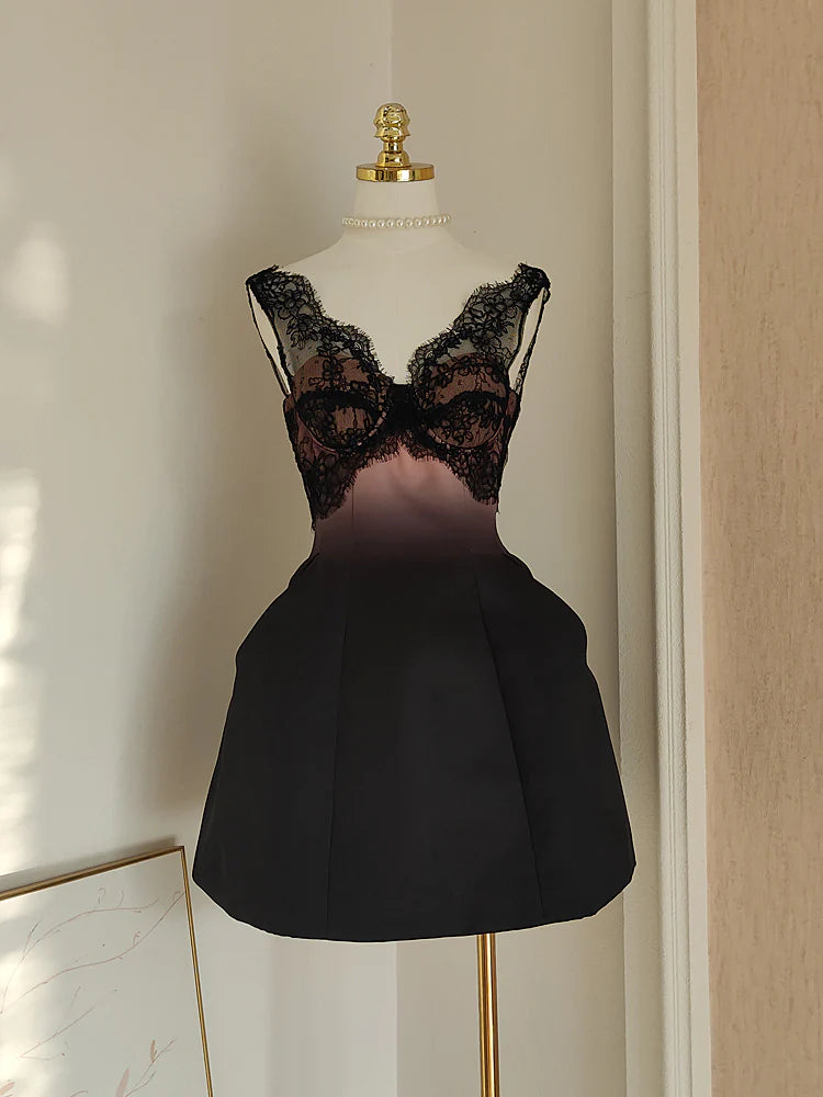 Robe de soirée courte en satin et dentelle, noire et rose, tenue de vacances, d'anniversaire, nv4268