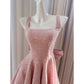 Robe courte de soirée rose à bretelles en tweed pailleté, taille haute, avec nœud, collection nv5544