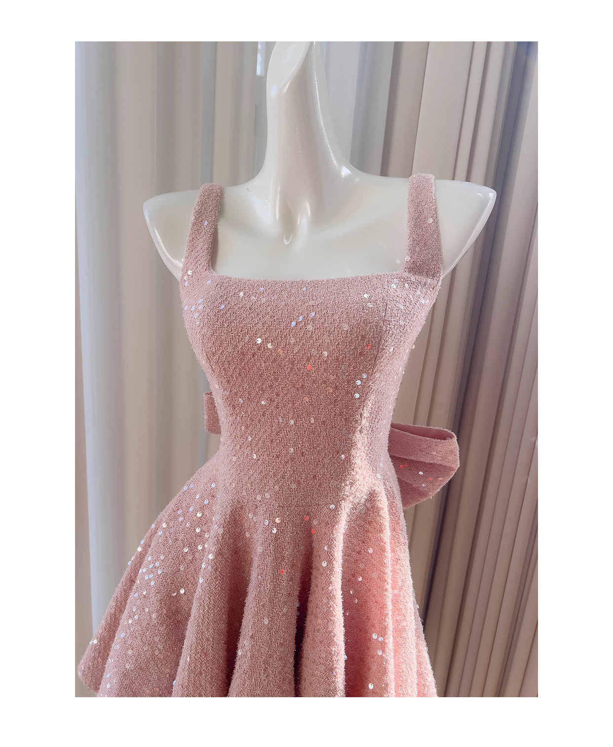 Robe courte de soirée rose à bretelles en tweed pailleté, taille haute, avec nœud, collection nv5544