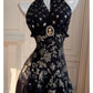 NiceVestidos-Homecoming-Kleid, Schwarz und Gold, Satin, Jacquard-Design, ärmellos, langes Kleid, rückenfrei, Neckholder, sexy Bankettkleid, nv5559