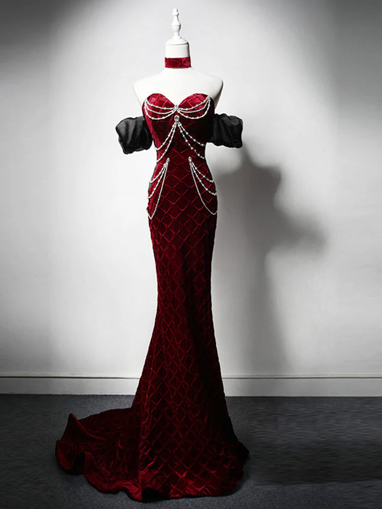 Burgunderrotes langes Ballkleid aus Samt mit herzförmigem Ausschnitt im Meerjungfrau-Stil, Burgunderrotes langes Abendkleid nv1868