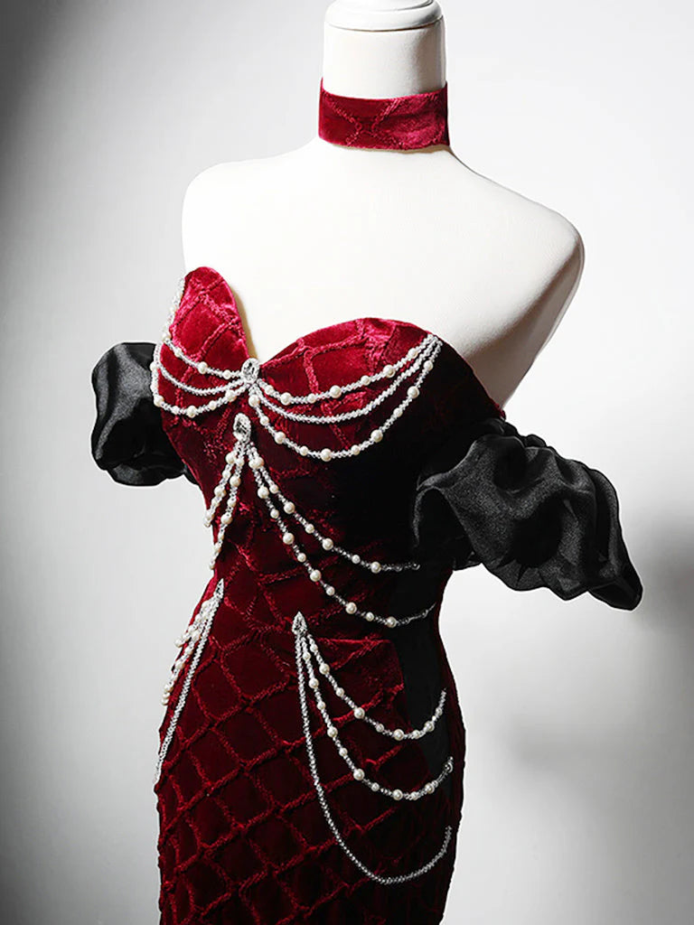 Burgunderrotes langes Ballkleid aus Samt mit herzförmigem Ausschnitt im Meerjungfrau-Stil, Burgunderrotes langes Abendkleid nv1868