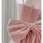 Robe courte de soirée rose à bretelles en tweed pailleté, taille haute, avec nœud, collection nv5544
