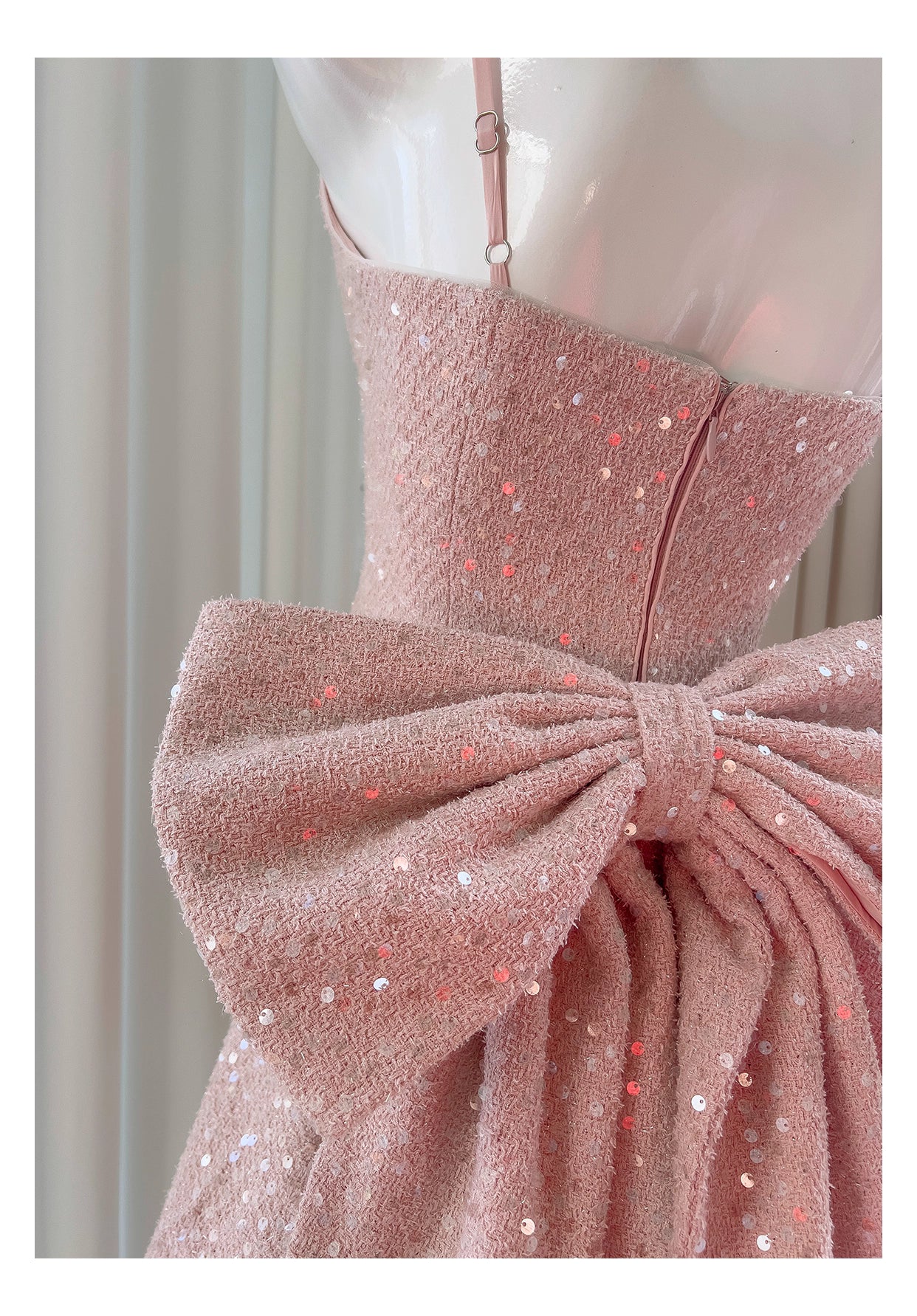 Robe courte de soirée rose à bretelles en tweed pailleté, taille haute, avec nœud, collection nv5544