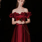 Burgundy satin off-shoulder long evening gown ball gown evening dress nv2358