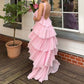 Robe de soirée longue en mousseline de soie rose à volants, jolie et mignonne, longueur au sol, pour bal de promo, pour 22e anniversaire, nv3904