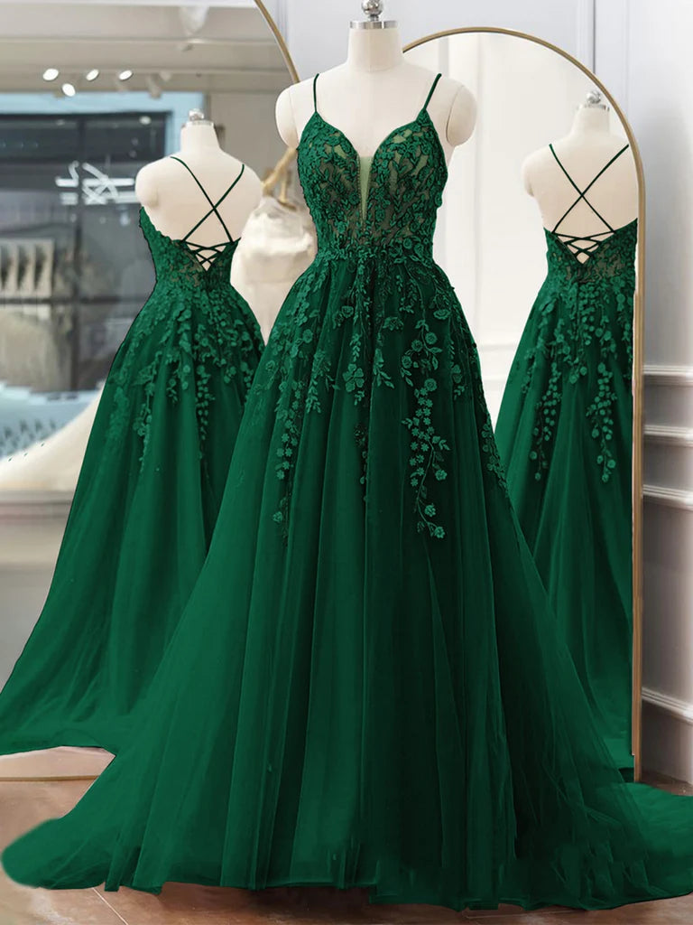 Offener Rücken, V-Ausschnitt, grüne Spitze, florales langes Ballkleid, grüne Spitze, formelle Kleider, grüne Abendkleider nv1506