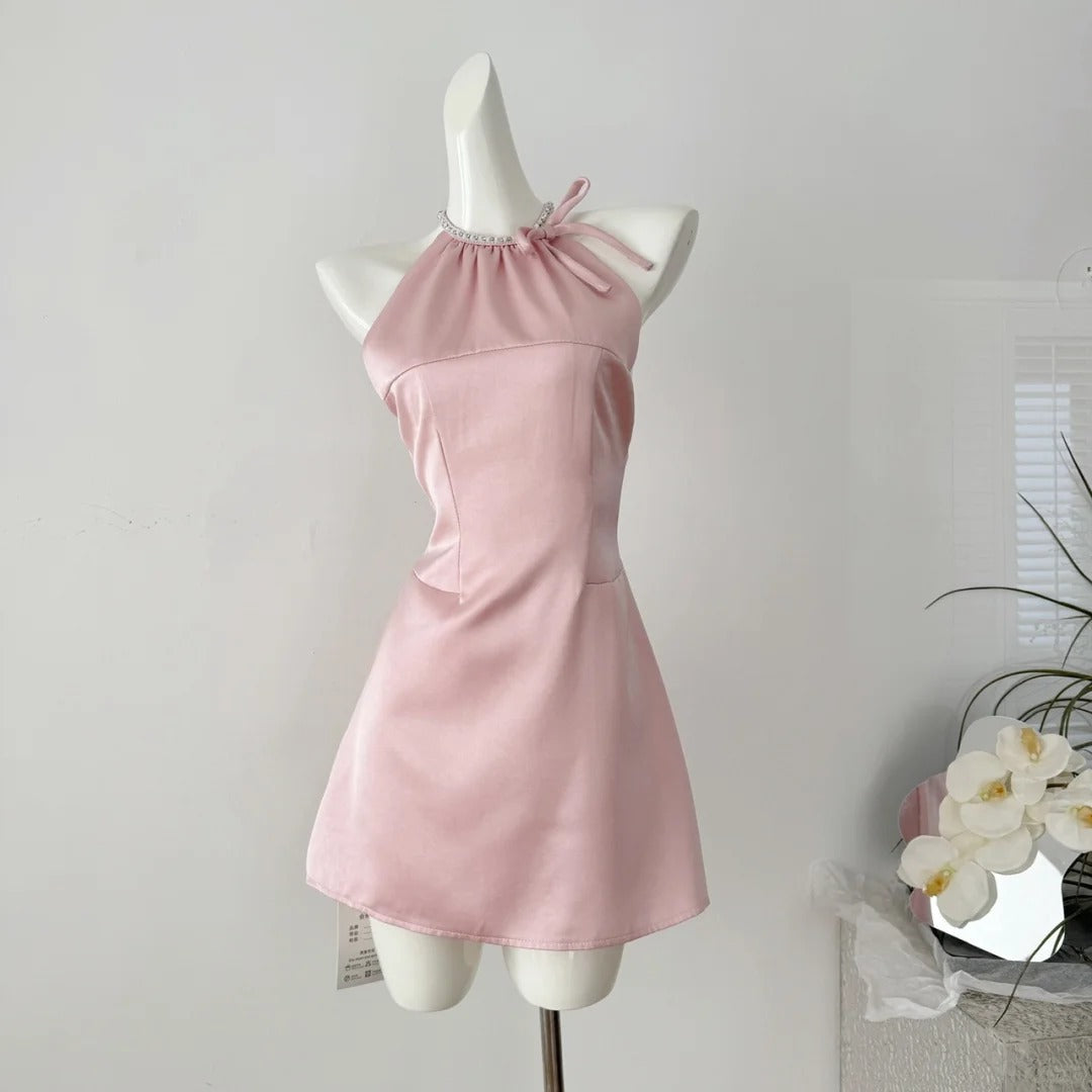 Robe de soirée rose courte en satin, tenue de soirée élégante, robe d'anniversaire, nv4260