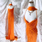 Orangefarbenes, exquisites, perlenbesetztes Spaghettiträger-Lang-Chiffon-Feenkleid, Ballkleid NV5413