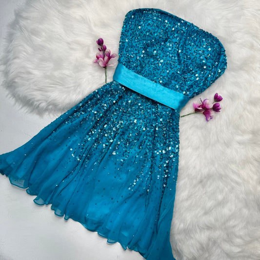 Robe de soirée courte en mousseline de soie, bleu exquis, avec perles, robe de soirée d'anniversaire, nv5332