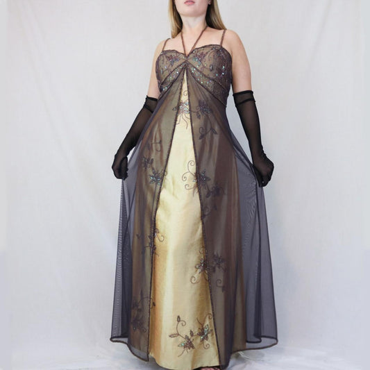 ✨ Empire-Kleid, Vintage, Gold, Blumenmuster, Glitzer, Ombre, Perlen, hohe Taille, langer Tüll, formelles Ballkleid, Abendkleid, Partykleid, nv4983