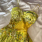 Robe de soirée courte jaune et verte, motif floral, perles, style féerique, en mousseline de soie, tenue de bal, nv5389
