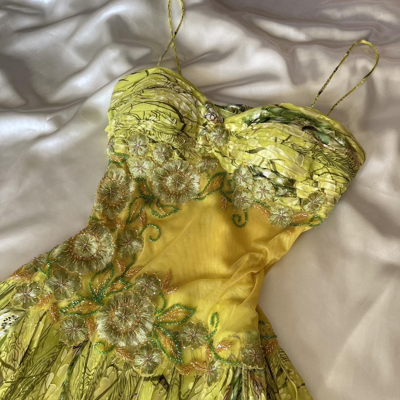 Robe de soirée courte jaune et verte, motif floral, perles, style féerique, en mousseline de soie, tenue de bal, nv5389