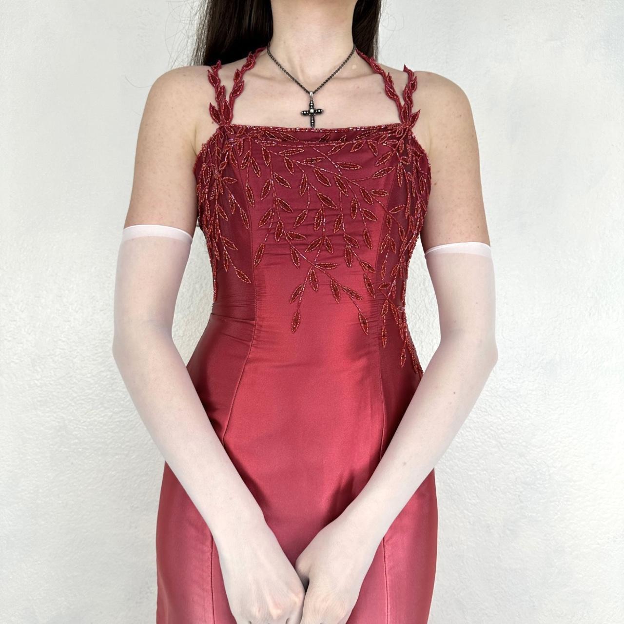 Vintage Rot/Rosa Farbverlauf Perlen Stickerei Lange Satin Formale Kleid Ballkleid Gothic Vampir nv5403
