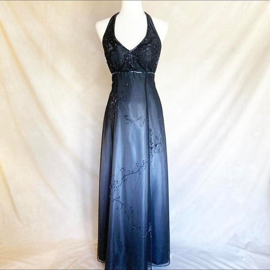 ✨Glitzer-Ballkleid, wunderschön, lang, im Vintage-Stil, mit Farbverlauf, Schwarz, Blau, Silber, Satin, mit Perlen besetzt, Blumenmuster, Ballkleid, Abendkleid, Partykleid, nv4240