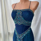 💙Magnifique et unique robe de bal longue en mousseline de soie ombrée à perles bleues et vertes nv5381
