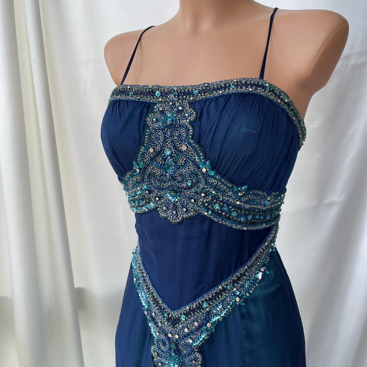 💙Magnifique et unique robe de bal longue en mousseline de soie ombrée à perles bleues et vertes nv5381