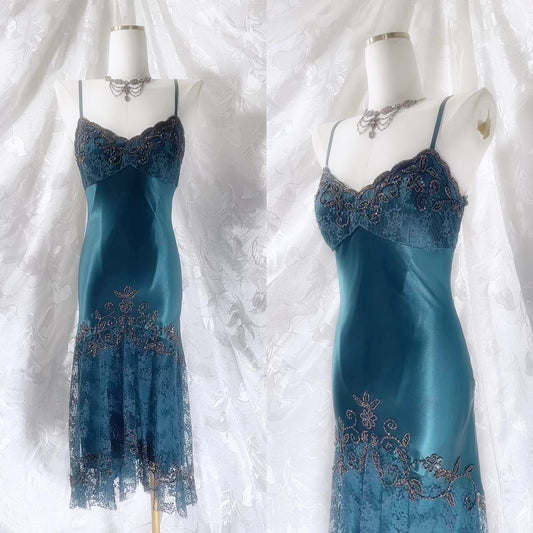 Atemberaubendes blaues, exquisites, mit Perlen besetztes Spaghettiträger-Lang-Chiffon-Retro-Kleid, Ballkleid NV5412