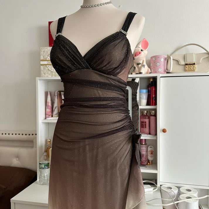Robe longue à paillettes unique et élégante, dégradé marron et crème, robe de soirée vintage en mousseline de soie et tulle, robe de bal, robe de soirée, robe de bal nv4249