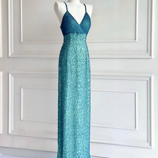 💗✨Blaugrün/Pink Vintage 90er Y2k Fee Boho Perlenstickerei Maxi Meerjungfrau Hosenträgerkleid Ballkleid Abendkleid Partykleid nv4406