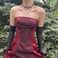 Robe de soirée longue en tulle bordeaux, élégante et vintage, à bretelles spaghetti et perles, style bal de promo, nv3757