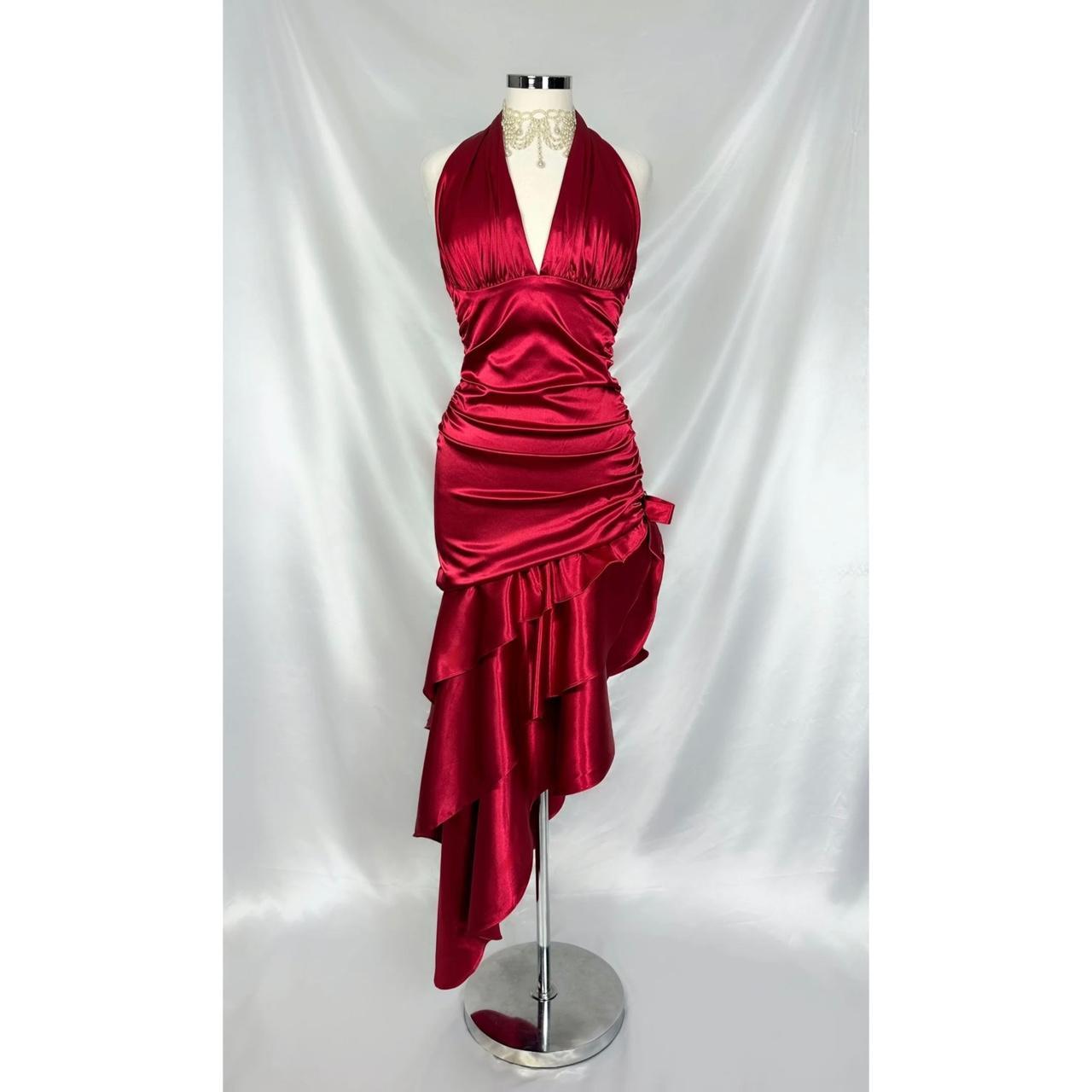 ❤️ Funkelndes rotes Retro-Kleid mit Neckholder-Ausschnitt, kurzes asymmetrisches Rüschenkleid, Heimkehrkleid, Geburtstagspartykleid, NV5386
