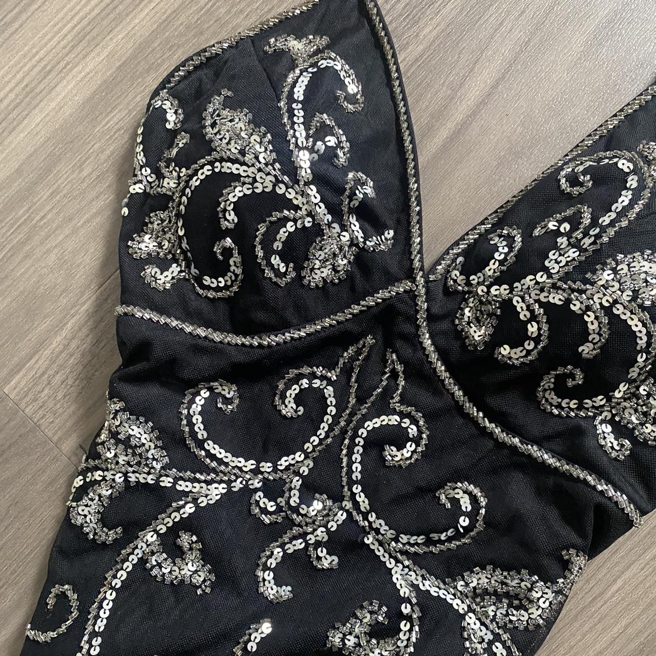 Robe de soirée longue en mousseline de soie et tulle, tenue de soirée, style vintage, noire, exquise, motif géométrique perlé, col licou, nv3809