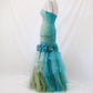 💙 Vintage unique teal floral long mermaid silhouette with flared hem and ruffled tulle formal prom dress. nv4987