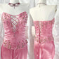 💘Pink exquisite beaded long ruffled satin fairy dress prom dress nv5414