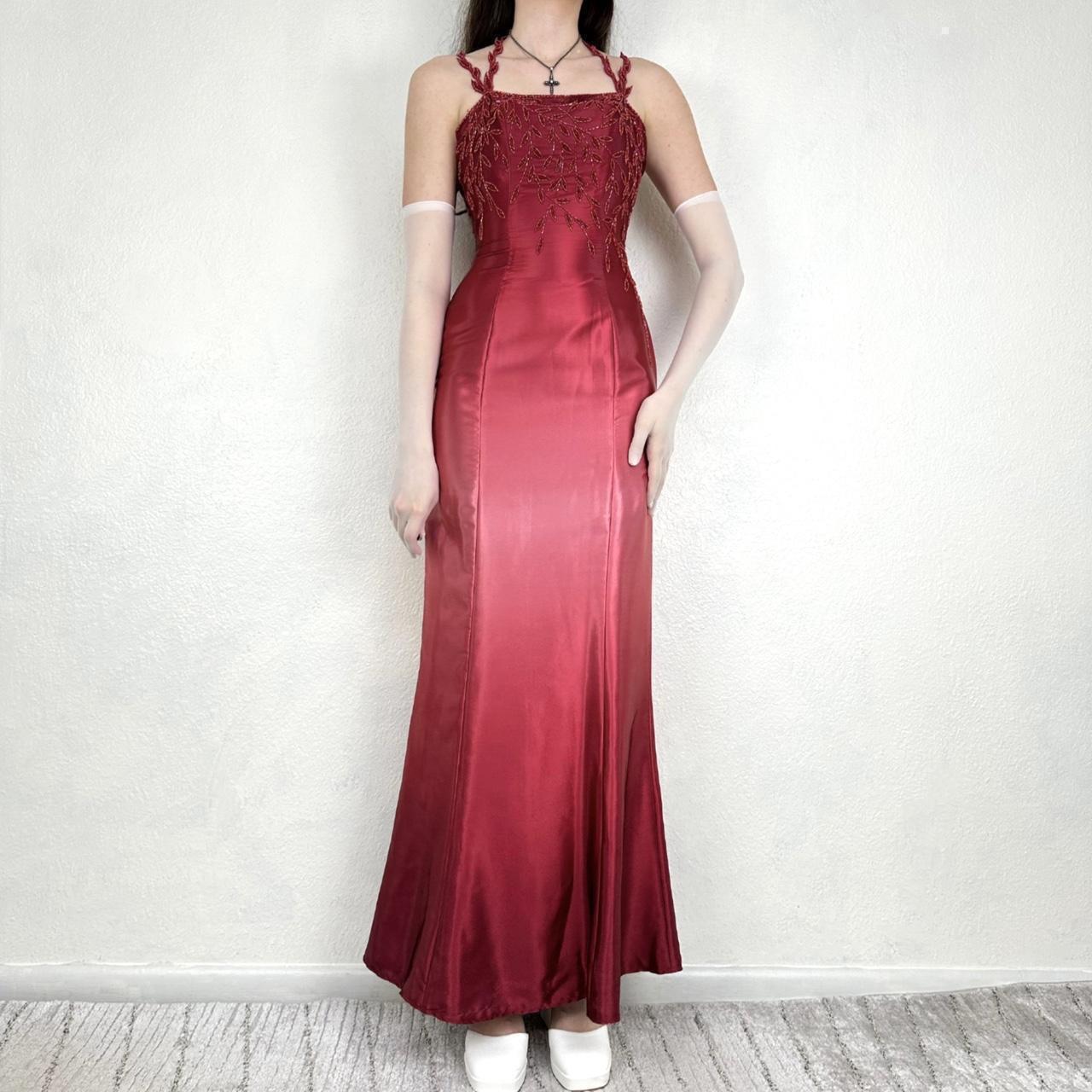 Vintage Rot/Rosa Farbverlauf Perlen Stickerei Lange Satin Formale Kleid Ballkleid Gothic Vampir nv5403