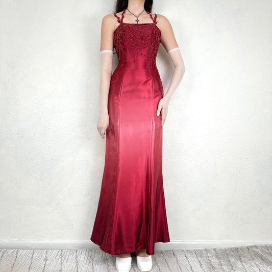 Vintage Rot/Rosa Farbverlauf Perlen Stickerei Lange Satin Formale Kleid Ballkleid Gothic Vampir nv5403