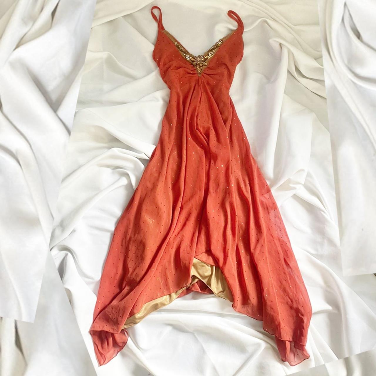 Orangefarbenes, asymmetrisches Chiffon-Heimkehrkleid mit Pailletten im Vintage-Stil, nv4537