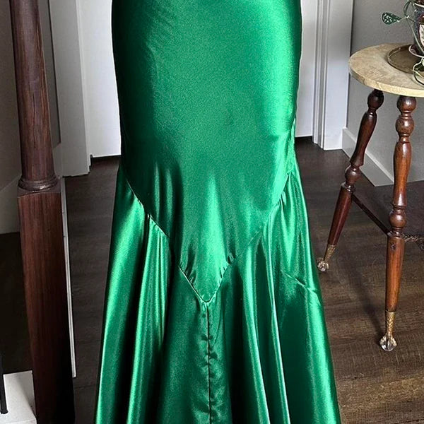 Robe de soirée moulante longue en satin vert brillant, style vintage, sexy, col en V, strass, dos nu, robe de bal formelle, robe de soirée, nv4418
