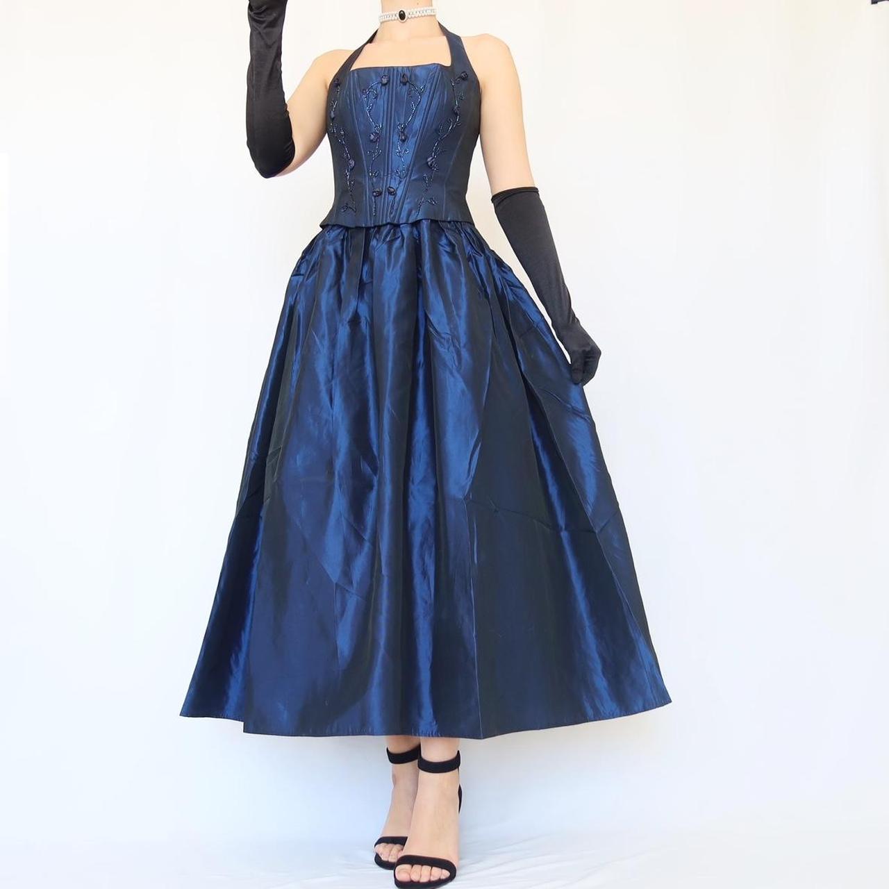 Blau Vintage Elegante Zarte Blumen Perlen Quadratischen Hals Neckholder Lange Satin Fee Ballkleid Abendkleid Geburtstag Party Kleid Ballkleid nv4002