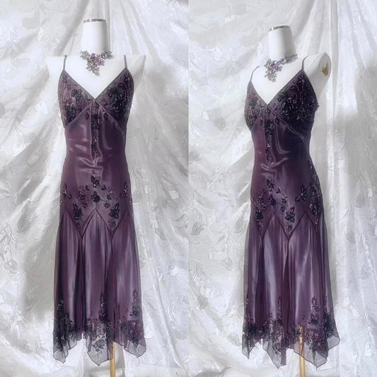Lila Retro-Fee exquisite Perlen lange Chiffon Meerjungfrau Kleid Ballkleid nv5418