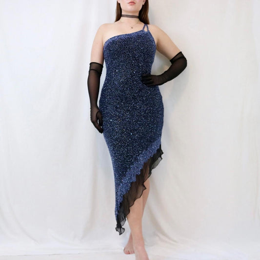 Dunkelblaues, glänzendes, kurzes/mittellanges Pailletten-Heimkehrkleid, Geburtstagspartykleid, NV4977