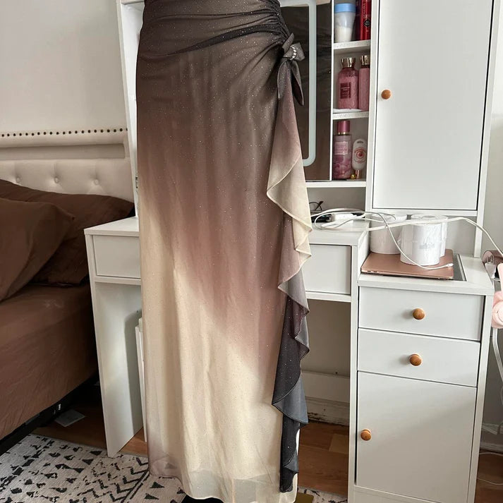 Robe longue à paillettes unique et élégante, dégradé marron et crème, robe de soirée vintage en mousseline de soie et tulle, robe de bal, robe de soirée, robe de bal nv4249