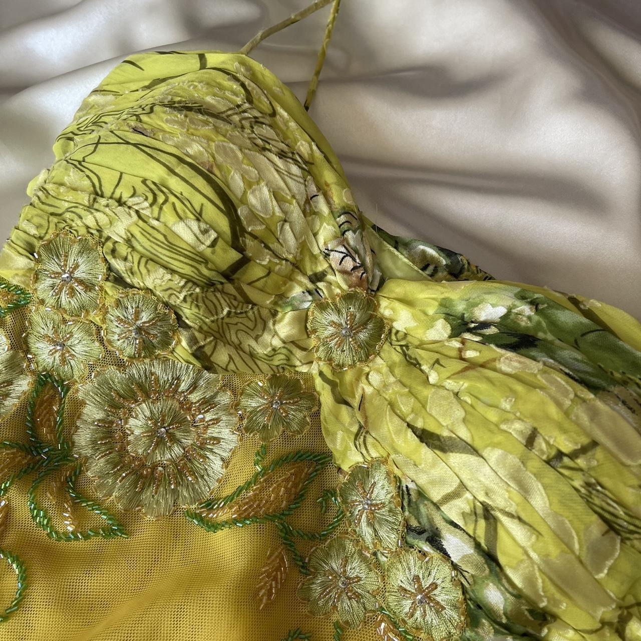 Robe de soirée courte jaune et verte, motif floral, perles, style féerique, en mousseline de soie, tenue de bal, nv5389