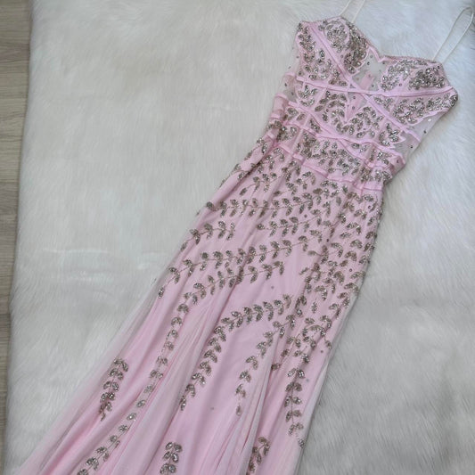 NiceVestidos - Robe de bal longue en mousseline de soie rose, magnifique et exquise, ornée de perles, nv5451