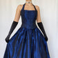 Blau Vintage Elegante Zarte Blumen Perlen Quadratischen Hals Neckholder Lange Satin Fee Ballkleid Abendkleid Geburtstag Party Kleid Ballkleid nv4002