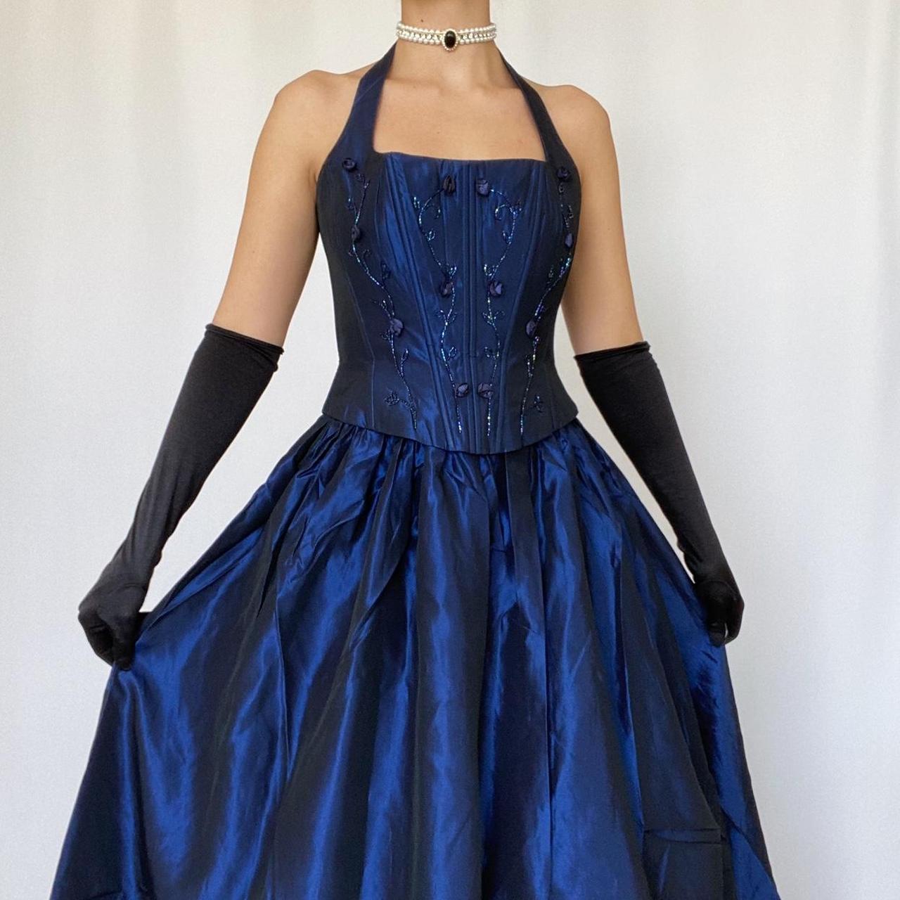 Blau Vintage Elegante Zarte Blumen Perlen Quadratischen Hals Neckholder Lange Satin Fee Ballkleid Abendkleid Geburtstag Party Kleid Ballkleid nv4002
