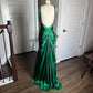 Robe de soirée moulante longue en satin vert brillant, style vintage, sexy, col en V, strass, dos nu, robe de bal formelle, robe de soirée, nv4418