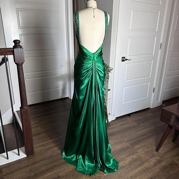 Robe de soirée moulante longue en satin vert brillant, style vintage, sexy, col en V, strass, dos nu, robe de bal formelle, robe de soirée, nv4418
